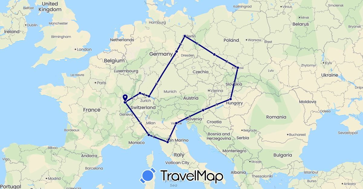 TravelMap itinerary: driving in Germany, France, Hungary, Italy, Poland, Slovenia (Europe)